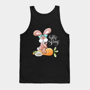 Hello Spring Easter Bunny Rabbit Messy Bun Carrot Easter Day Tank Top